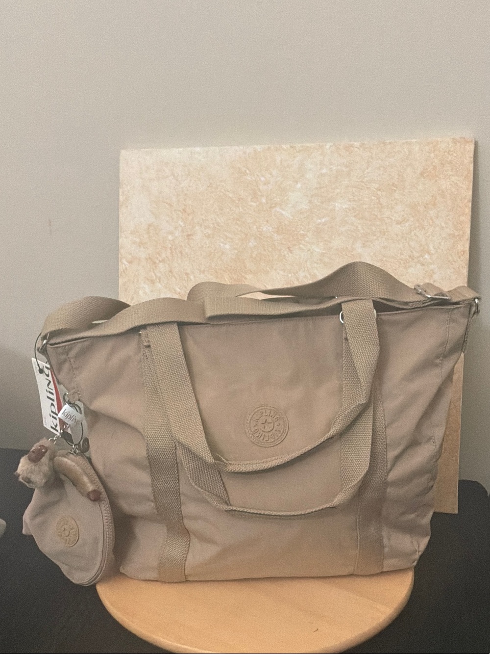 Kipling Taupe Canvas Tote with Coin Pouch and Charm